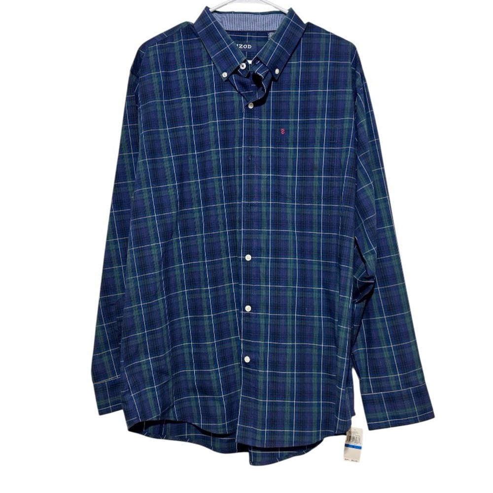 NWT Izod Men's Navy and Green Plaid Button Down Shirt